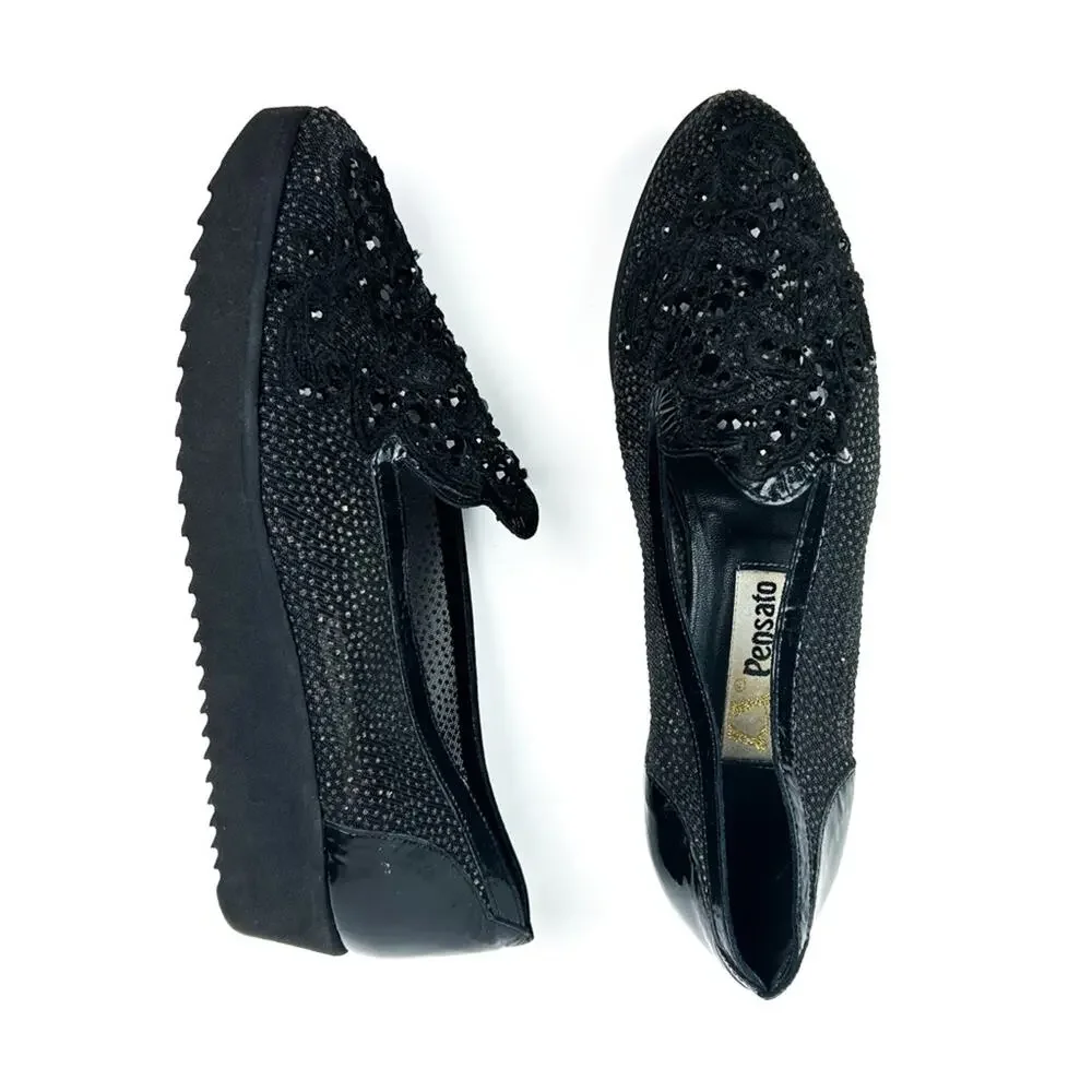 Vintage Pensato Italy Mesh Bejeweled Lace‎ Platform Loafer in Black